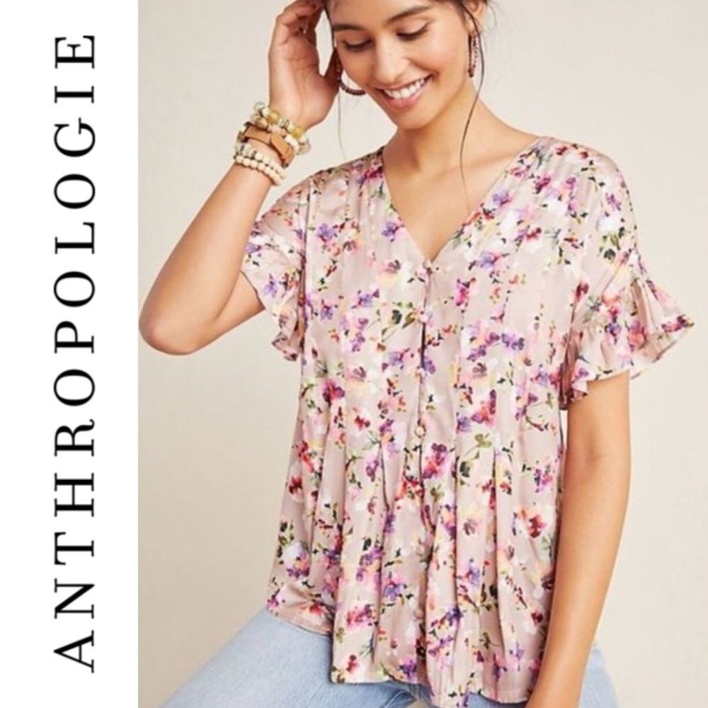Anthropologie Dolan Floral Flutter Sleeve Ruched Satin Top Size S